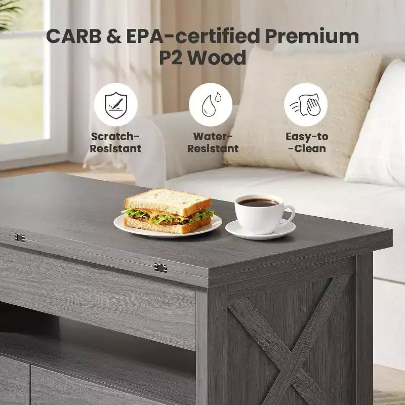 Lift up coffee table with storage space, farmhouse style coffee table, coffee table with two drawers, living room and home office coffee table