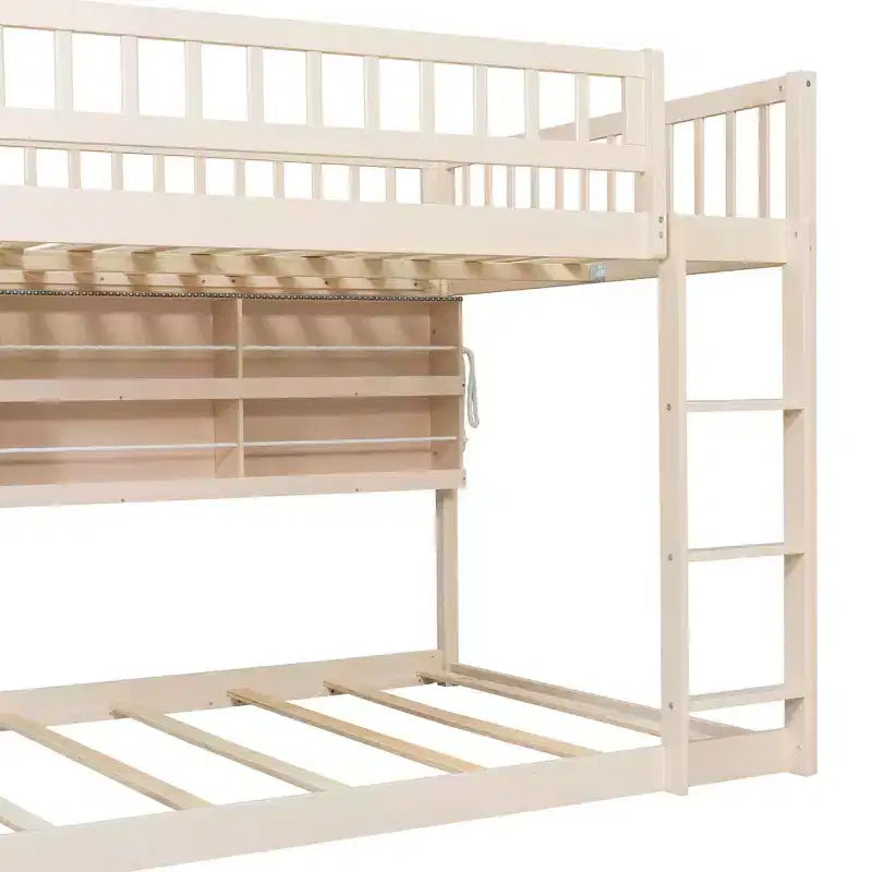 Luxystar Full Over Full Modern Low Bunk Bed With Storage Lighted Shelves And Pegboard