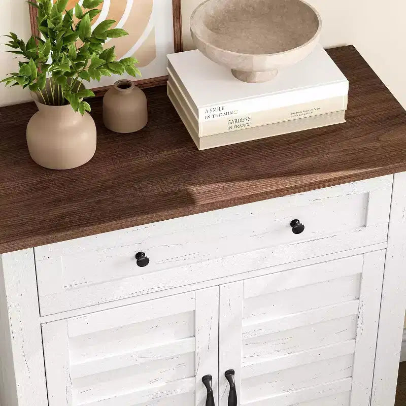 31.5 Rustic Storage Cabinet, with Slatted Doors, 3-Tier Adjustable, Double Door Locker, for Kitchen, Dining Room, and Home Office