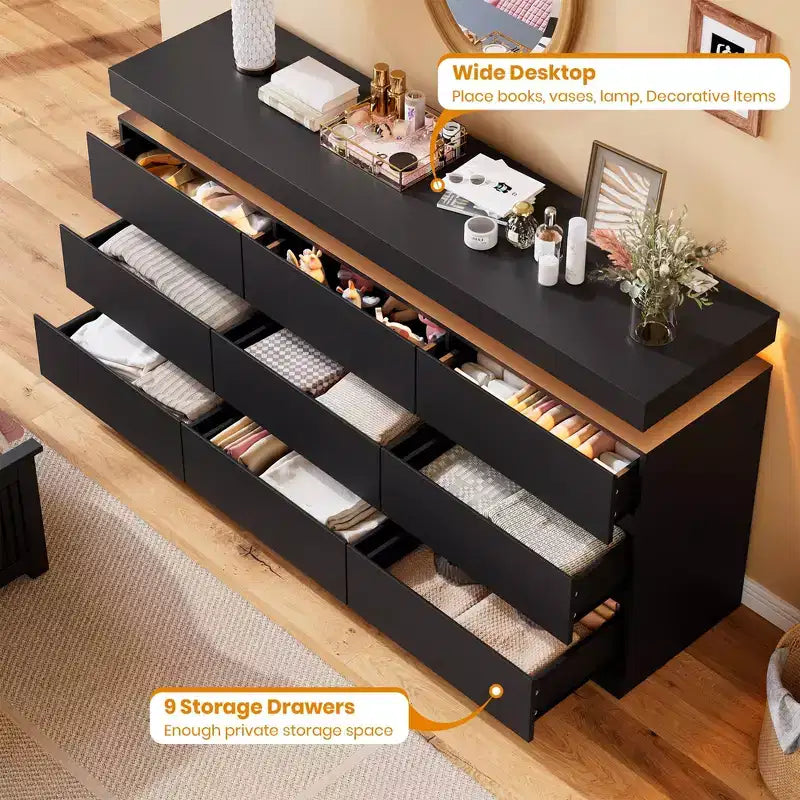 9 Drawer Dresser for Bedroom, Chest of Drawers with Charging Station & LED Lights, Double Wooden Closet Storage Cabinet, Modern Dresser TV Stand