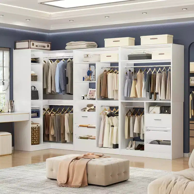Besiost Set of 3 Corner Closet System with Tower Shelves and Drawers, Freestanding Closet Organizer with Hanging Rods