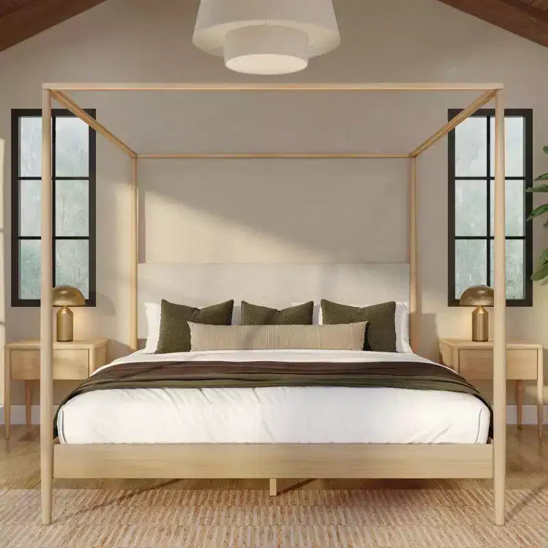 Harbor King Canopy Bed with Upholstered Headboard, Blonde/Swiss Coffee (MD2411-01)