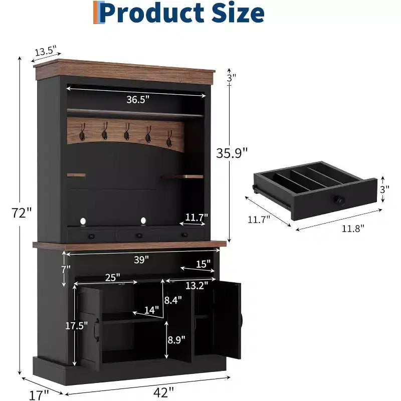 72 Tall Farmhouse Style Coffee Bar Cabinet with LED Lights, Kitchen Buffet Featuring Doors and Drawer, Adjustable Shelves, Spacious Storage