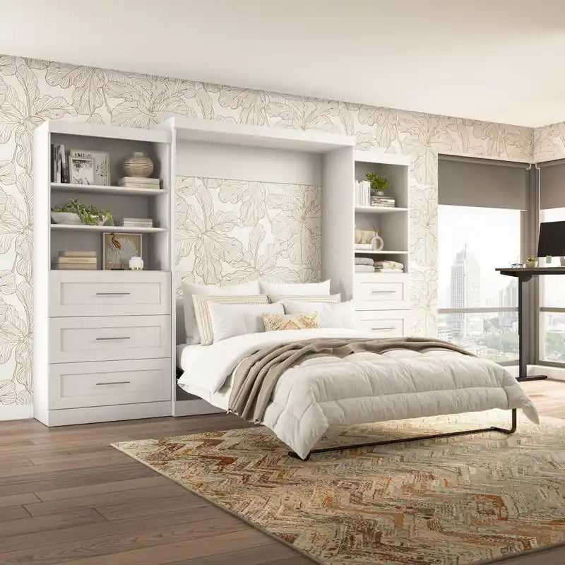 Murphy Bed and Two Shelving Units with Drawers 126-Inch Wall Bed