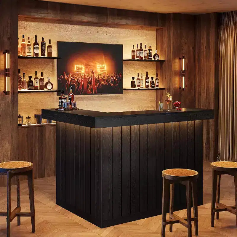 Lantine L-Shaped Home Bar Unit, 4-Tier Corner Liquor Bar Table with Storage Shelves and Wine Glasses Holder for Home Pub