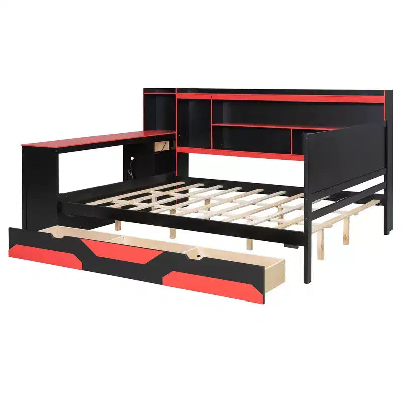 Full/Queen Gaming Daybed with Bookcase Headboard, LED Lights, Integrated Desk, Drawers and Charging Station