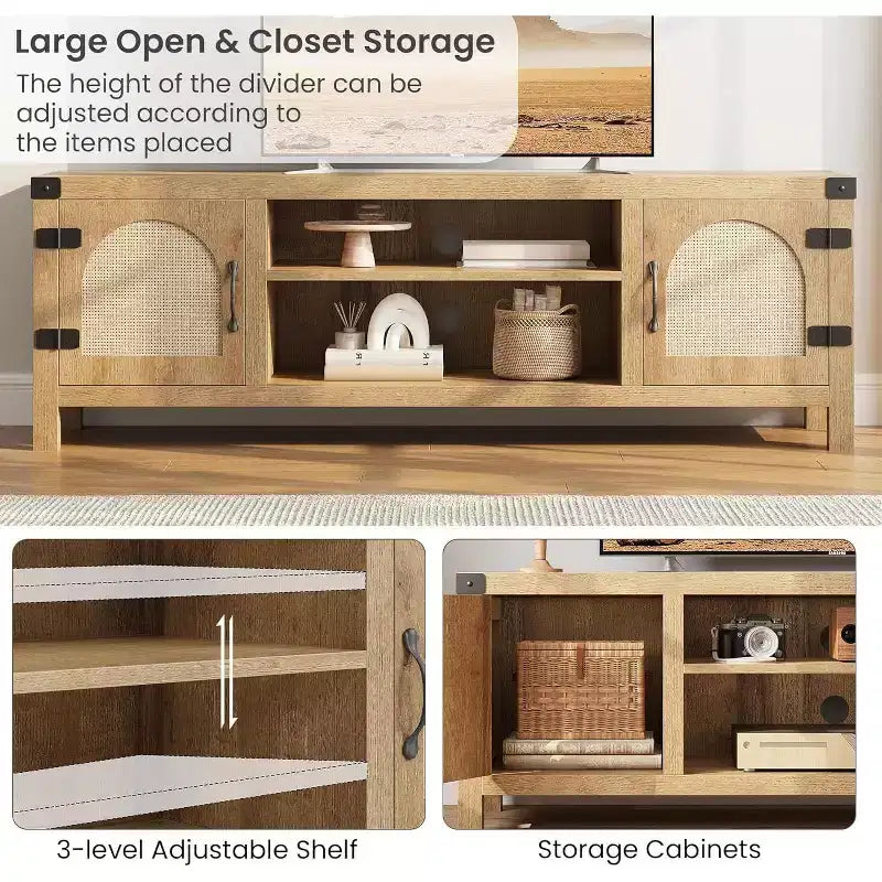 65-inch Bohemian-style TV stand with wicker door - Wooden entertainment center with two cabinets and adjustable shelves, suitable for living rooms
