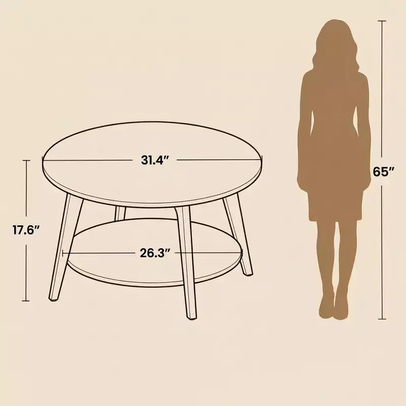 Honey Brown Round Coffee Table with 2 Tiers of Storage, Measuring 31.5 x 17.7 Inches, Ideal for the Living Room