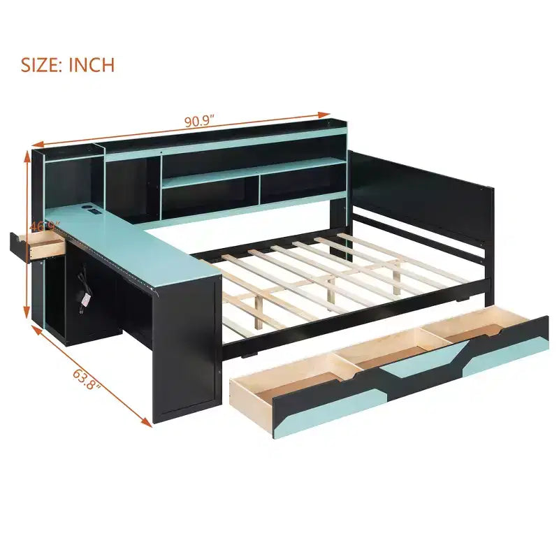Gamer Hub Daybed with Desk, RGB Lights, Charging Station, Storage Drawers & Bookcase Headboard