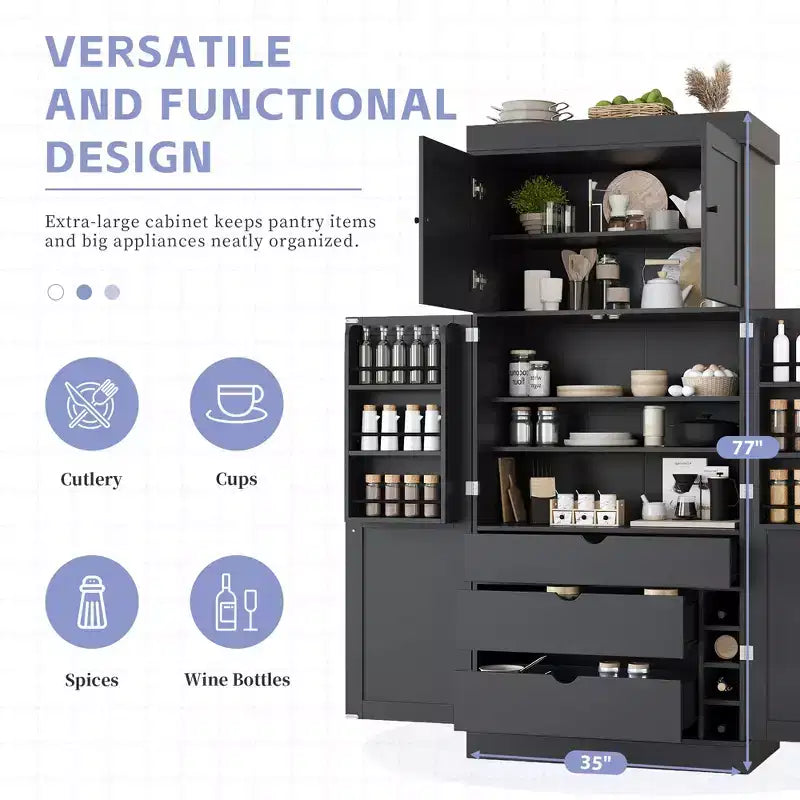 77H Freestanding Kitchen Pantry, Farmhouse Storage Cabinet with Adjustable Shelves, Door Shelves, Drawers & Wine Racks - ModernLuxe