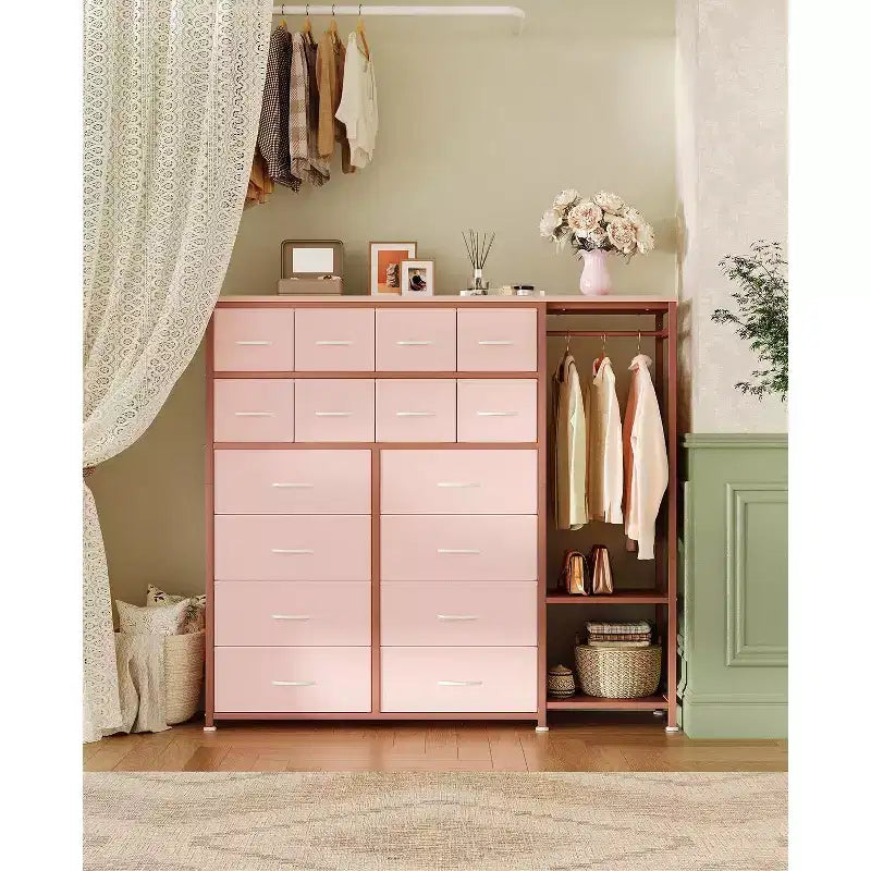 Dresser with 16 Drawers & Hanging Rod & Shelves, Fabric Storage Organizer for Bedroom, Closet, or Entryway