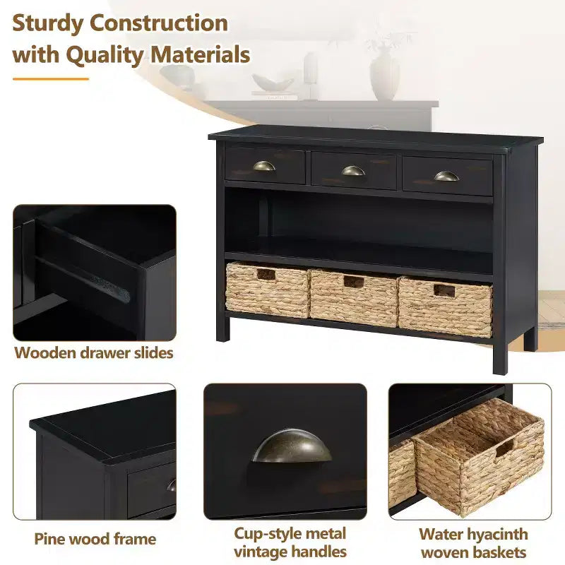 Entryway Console Table with Storage, Farmhouse Hallway Table with 3 Drawers and 3 Water Hyacinth Baskets for Living Room or Foyer - Panipeachy