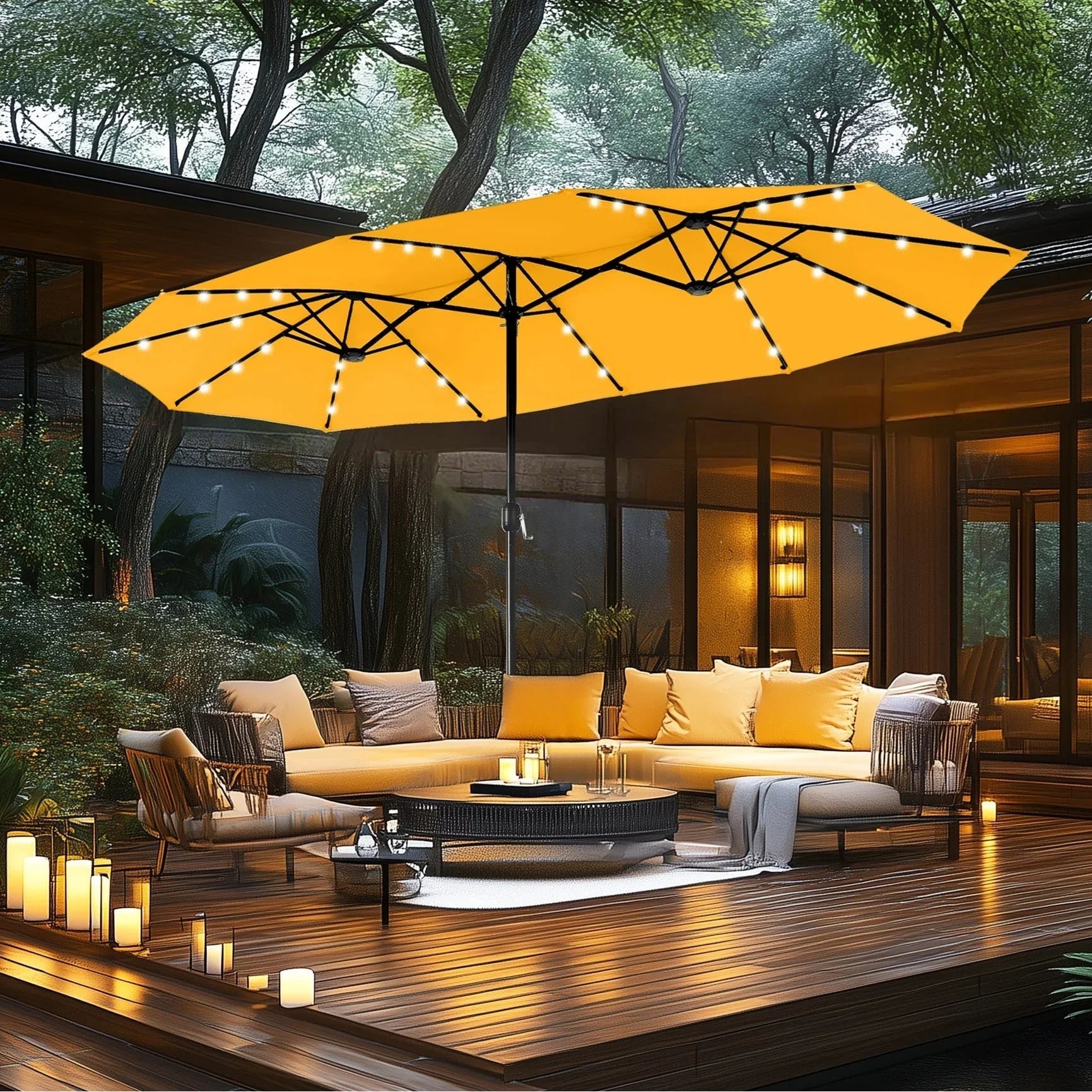 MAISON ARTS 15-foot Rectangular Crank Double-sided Outdoor Market Umbrella Solar LED Lighted Patio Umbrella with Base Included