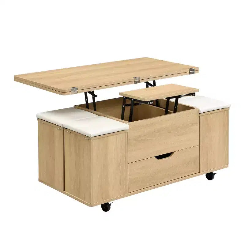 Multi-Function Modern Lift-Top Coffee Table with Hidden Storage, 4 Stools and Casters, Perfect for Modern Living Spaces