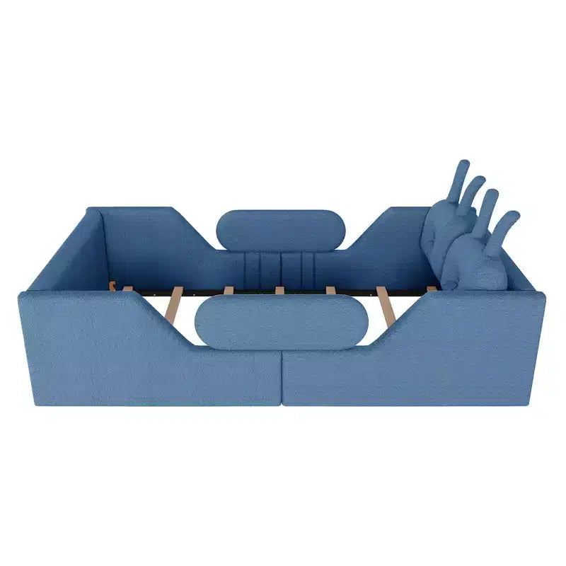 Whisen Twin Platform Bed, Kids Floor Upholstered Bed Frame with Rabbit Cushion, Removable Side Rails