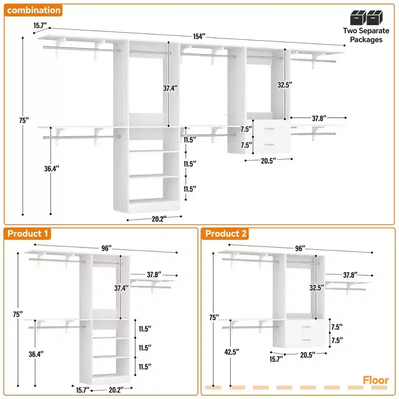 Besiost Freestanding Closet System with 8 Hannging Rods and Drawers, Hanging Closet Organizer with 10 Shelves