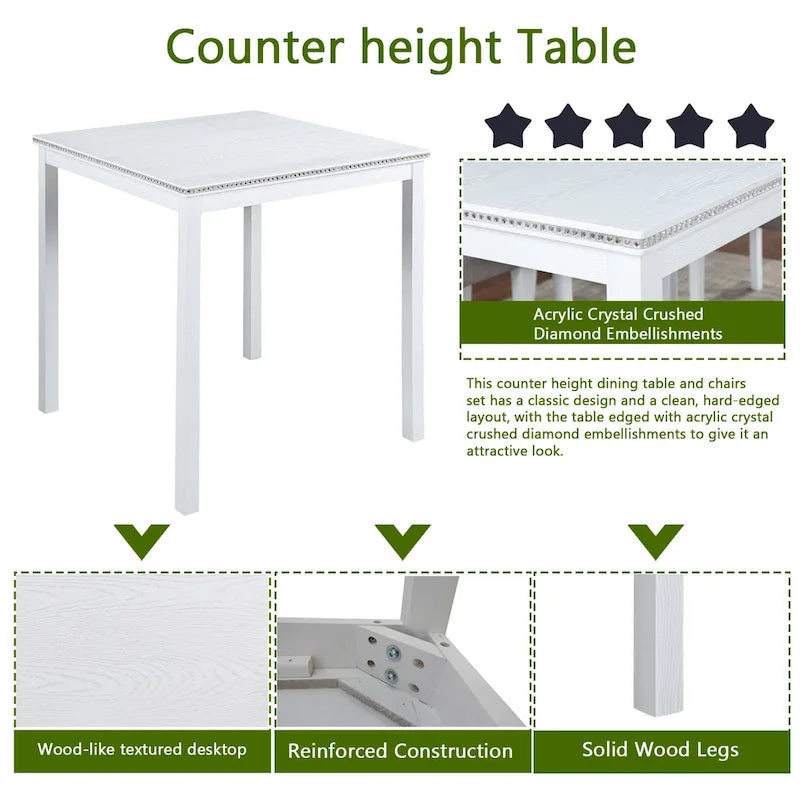 Ensemble de salle à manger moderne 5 pièces avec table carrée hauteur comptoir et 4 chaises rembourrées