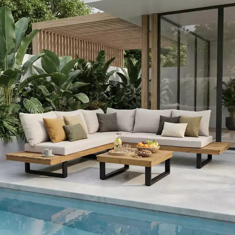 L-shape Outdoor Sectional Sofa Set Patio Leisure Lounge Set Garden Conversation Seating Set with Coffee Table & Water Resistant Cushion - ModernLuxe