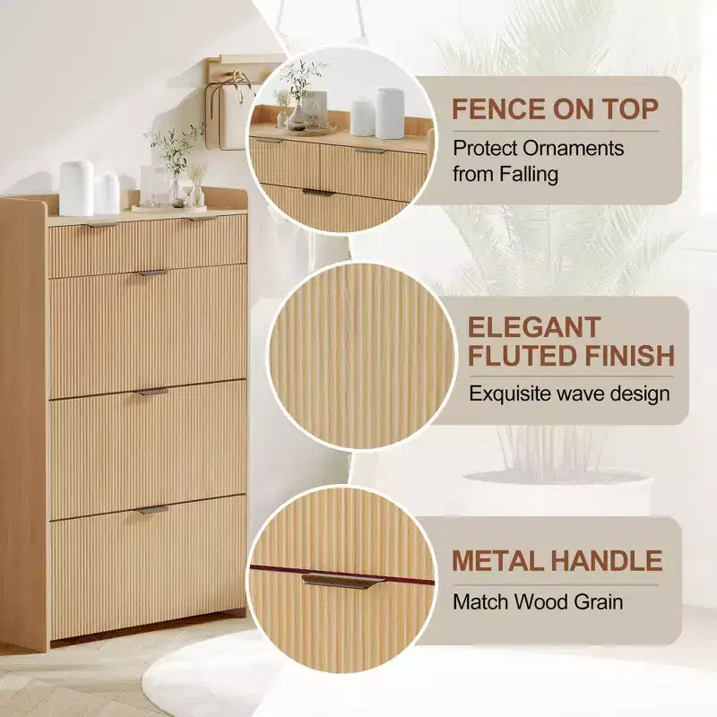 Modern White Shoe Cabinet with 3 Flip Drawers & 2 Small Drawers & Hook, Slim Fluted Shoe Storage Organizer, Narrow Entryway Cabinet