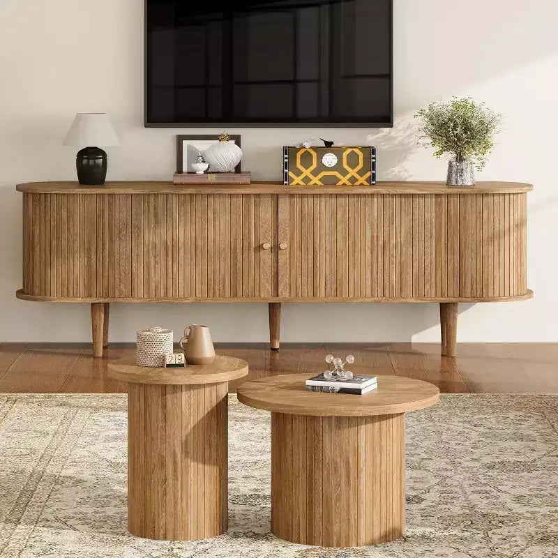 AMERLIFE 70 TV Stand with Solid Wood Legs, Mid Century Modern TV Console with Tambour Door