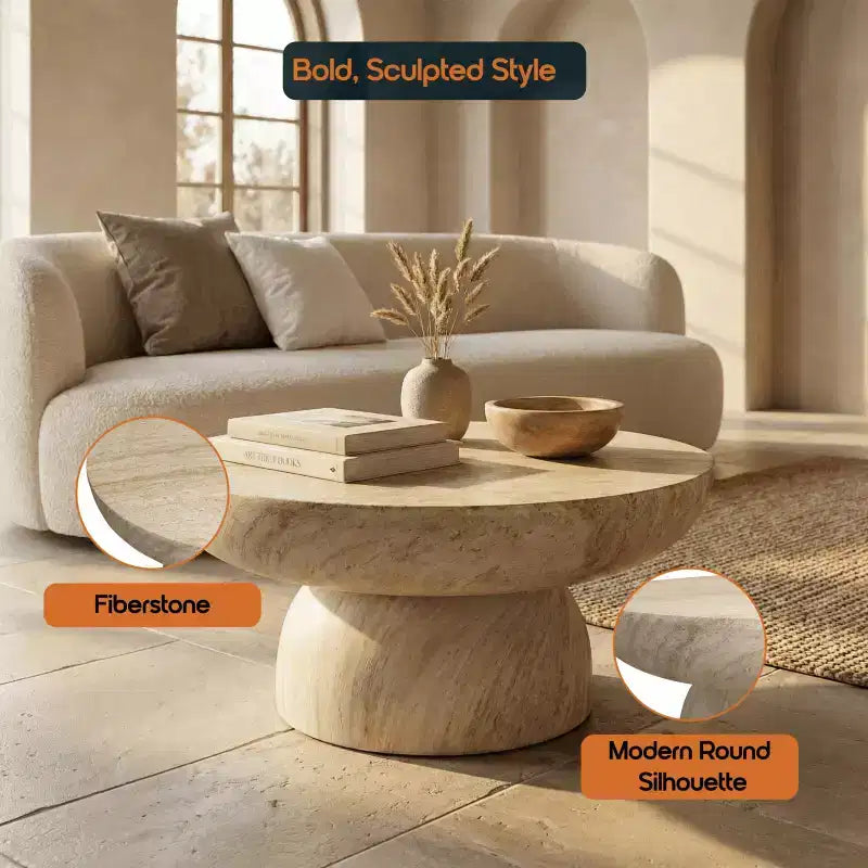 Round Fiberstone Pedestal Coffee Table, Indoor & Outdoor Sculpted Accent Table with Anti-Slip Foot Pads