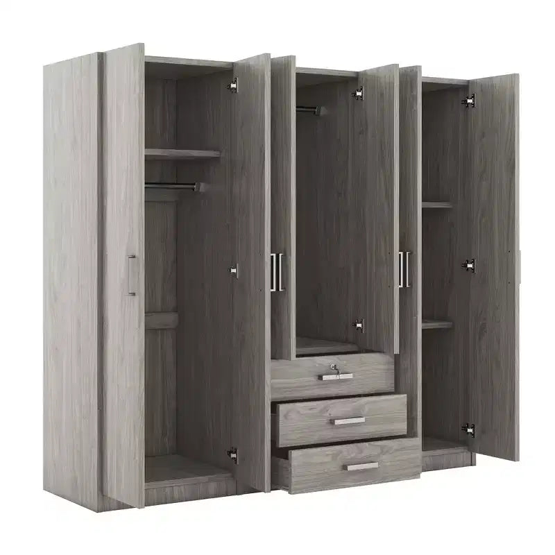 6-Door Wooden Wardrobe with Drawers for Bedroom