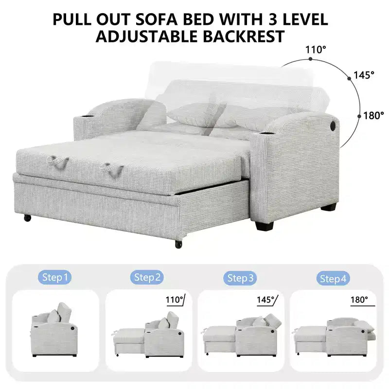61.6 Modern Chenille Convertible Sofa Bed with USB Ports, Cup Holders & Adjustable Backrest for Living Room, Apartment