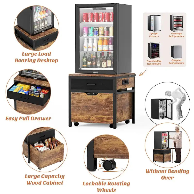 Mini Fridge Stand with Charge Station, Side/ End Table with Storage Drawers and Rolling Cabinet