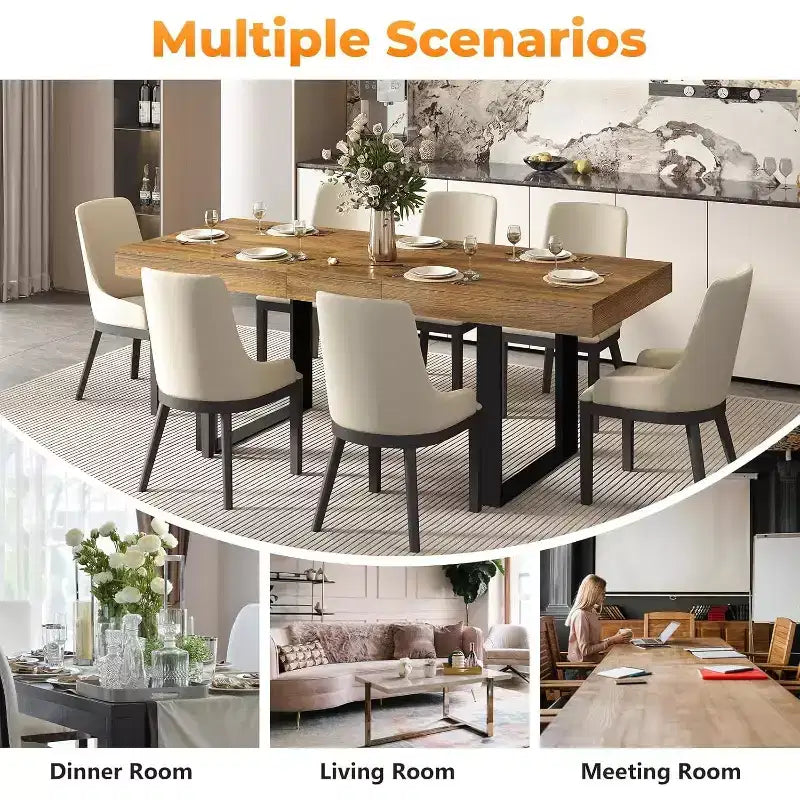 Zevemomo 63-78.7 Expandable Dining Table, 6-10 Rectangular Kitchen Table with Metal Track, Tapered U-Shaped Legs for Dining Room, Office-Brown
