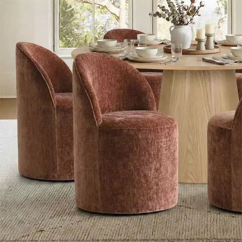 Modern Dining Table Set For 6, Round Pedestal Dining Table, Swivel Rolling Barrel Chairs With Wheels, Textured Chenille- Panipeachy