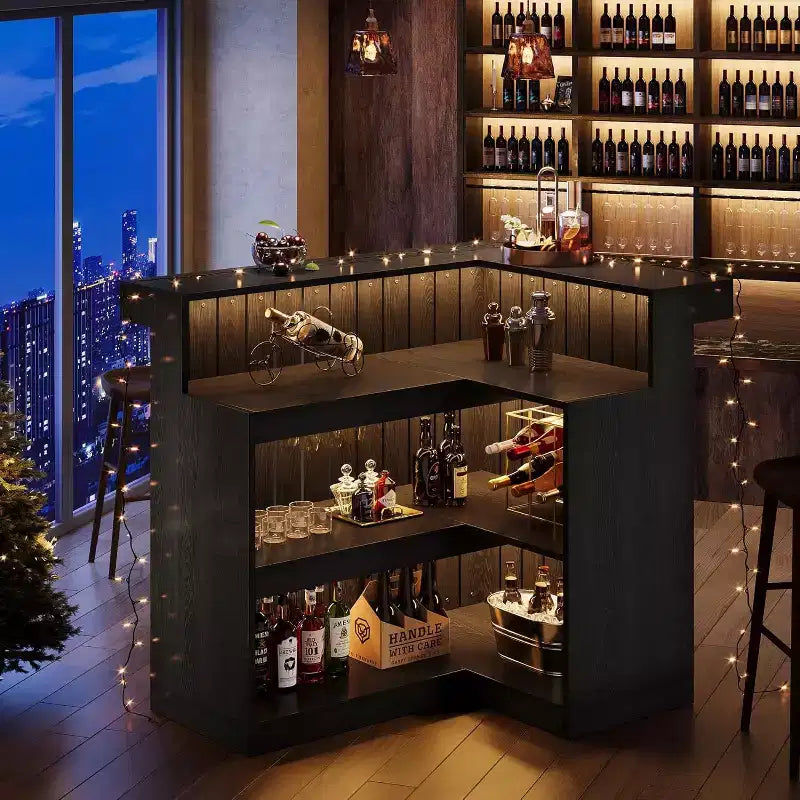 Lantine L-Shaped Home Bar Unit, 4-Tier Corner Liquor Bar Table with Storage Shelves and Wine Glasses Holder for Home Pub