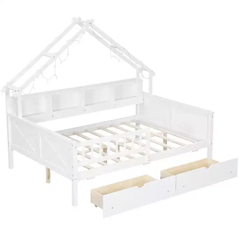 Full Size House Bed Frame with Drawers, House Platform Bed with LED Lights, Storage Shelves & Drawers, Wood Daybed with Roof and Guardrail