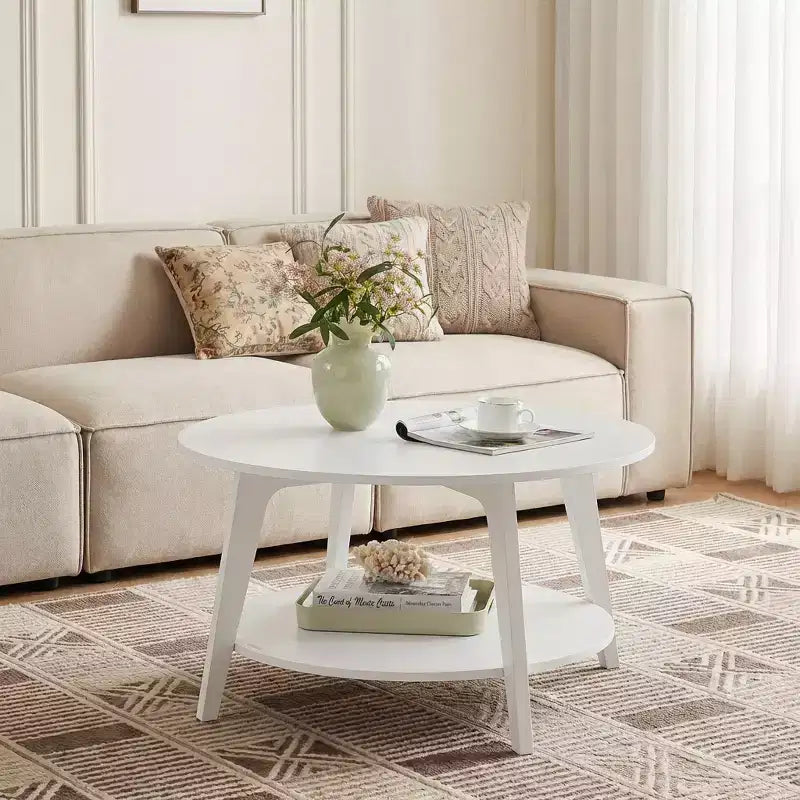 Honey Brown Round Coffee Table with 2 Tiers of Storage, Measuring 31.5 x 17.7 Inches, Ideal for the Living Room
