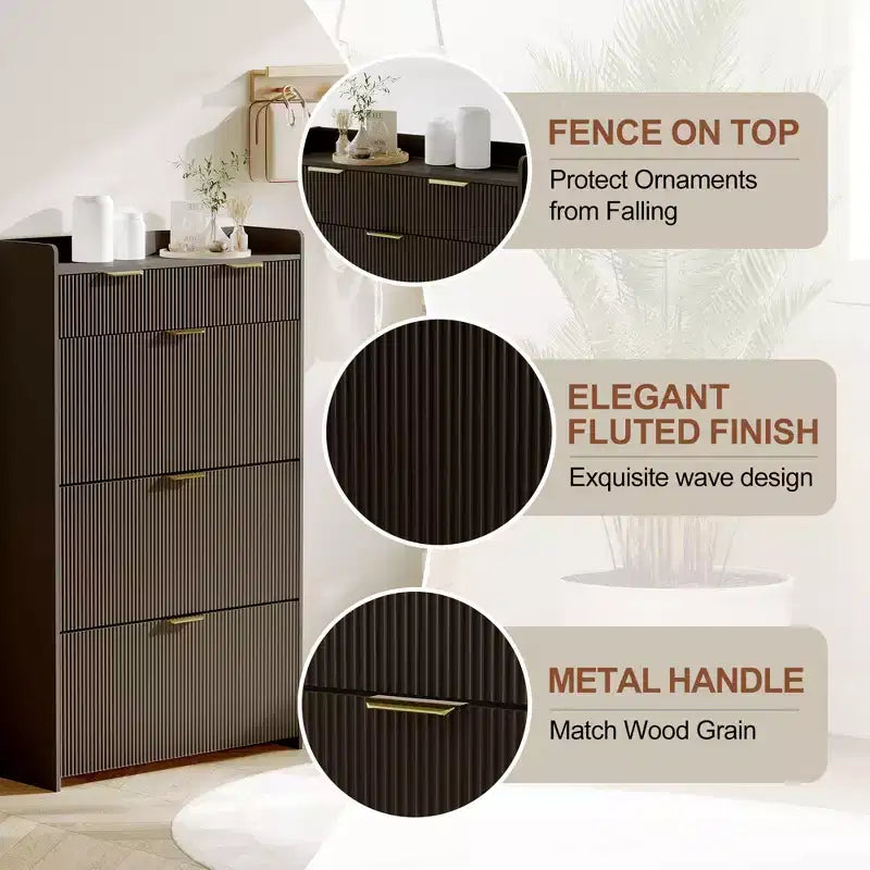 Modern White Shoe Cabinet with 3 Flip Drawers & 2 Small Drawers & Hook, Slim Fluted Shoe Storage Organizer, Narrow Entryway Cabinet