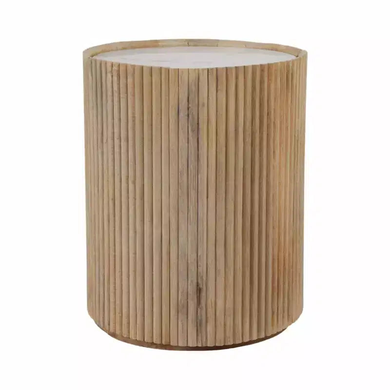 Decorative Ribbed Wooden Side Table with Marble Top and Storage - Small Home Decor Table Stand for Bedroom or Living Room Decor
