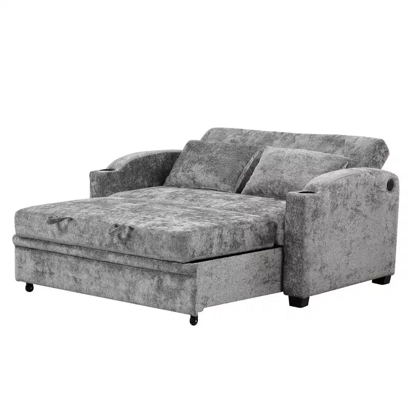 61.6 Modern Chenille Convertible Sofa Bed with USB Ports, Cup Holders & Adjustable Backrest for Living Room, Apartment