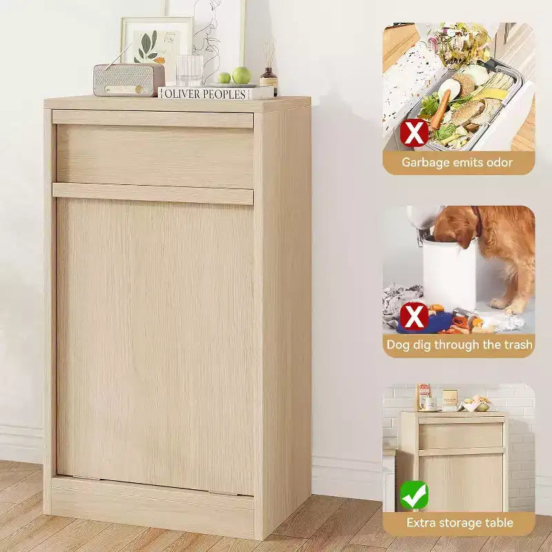Poubelle inclinable, chêne naturel, poubelle avec rangement et tiroir, meuble poubelle caché, panier à linge pour cuisine, salle à manger, salon