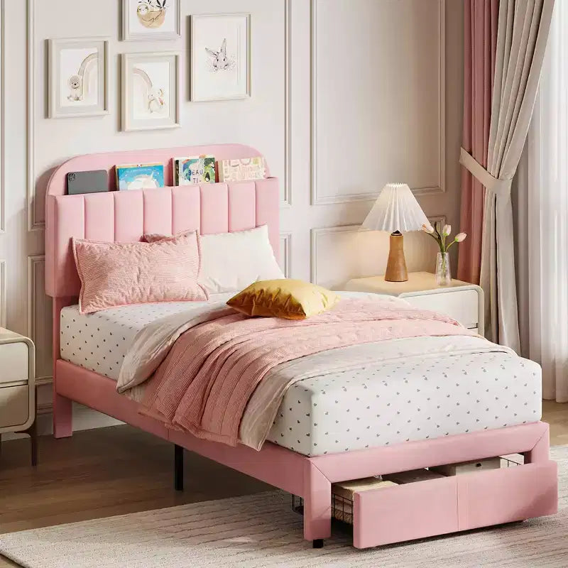 2 Pack Twin Bed Frame with Storage Drawers & Headboard, Velvet Upholstered, Low Profile, Noise-Free, Easy Assembly Pink