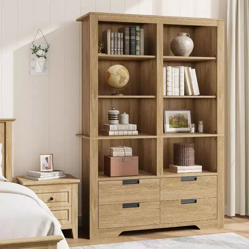 72 Tall Bookcase with 4 Drawers, Farmhouse Freestanding Storage Bookshelf for Bedroom, Living Room, Home Office