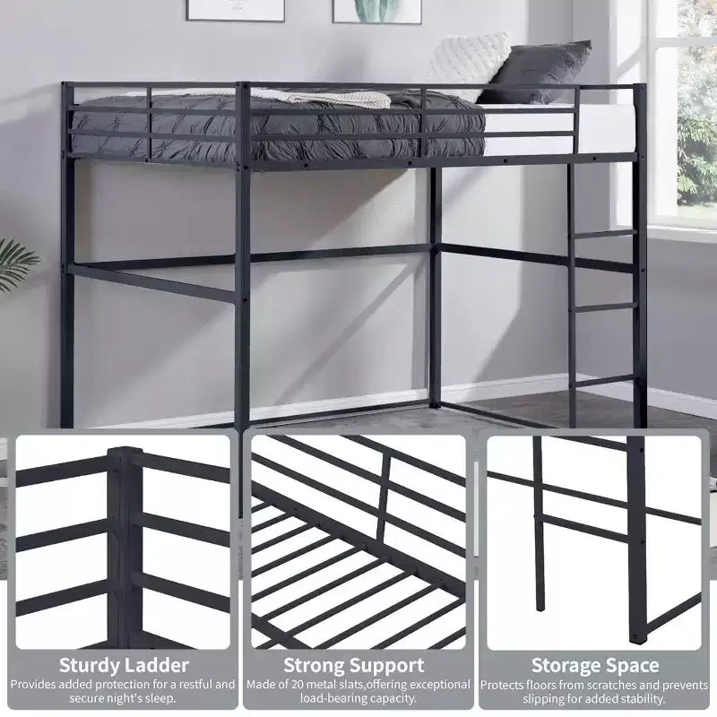 Twin Metal Loft Bed  Guard Rails & Flat Ladder