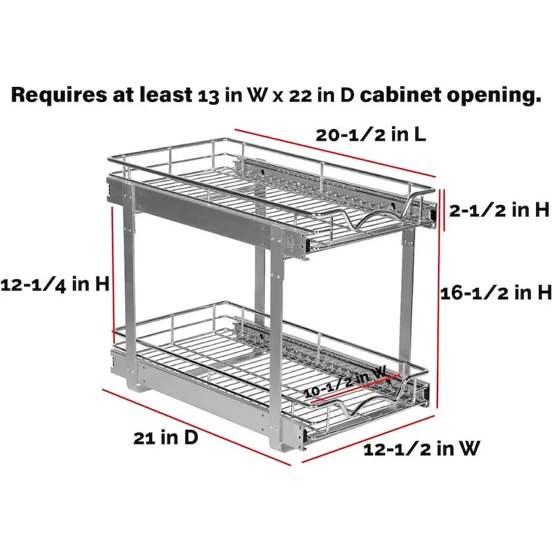 Pull Out Cabinet Organizer 2 Tier  Heavy Duty Metal with Lifetime Limited Warranty - Anti Rust Chrome Finish