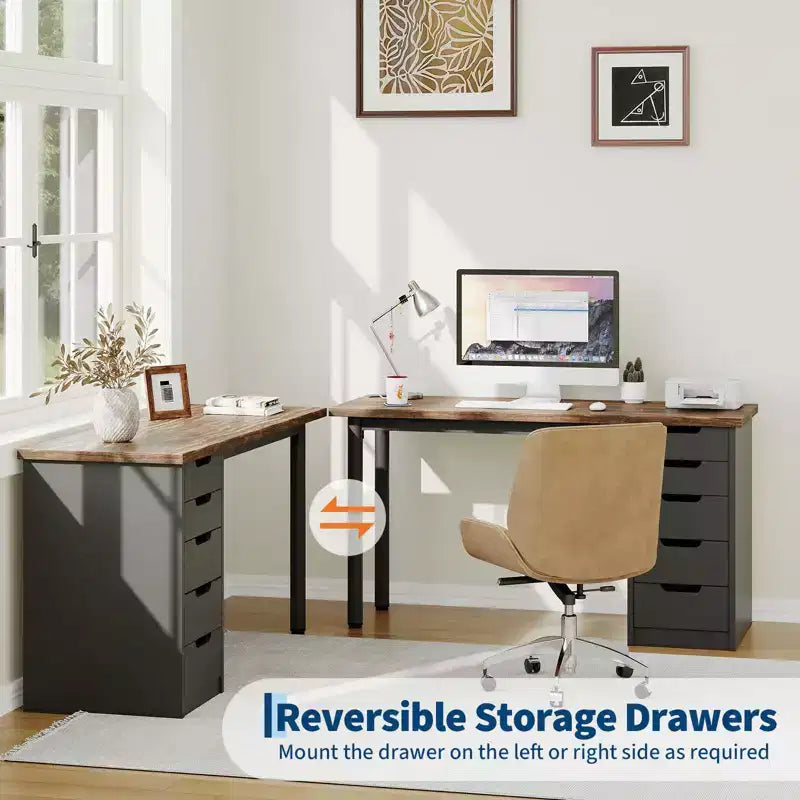 47 Inch Computer Desk with 5 Storage Drawers, Reversible Modern Rustic Study Writing Table, Home Office Workstation for Small Spaces