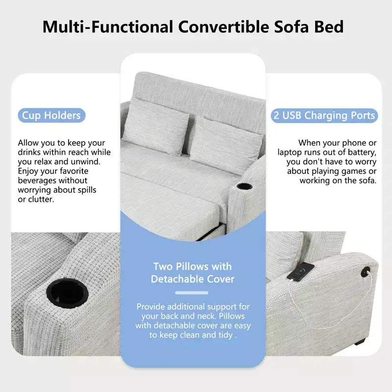 61.6 Modern Chenille Convertible Sofa Bed with USB Ports, Cup Holders & Adjustable Backrest for Living Room, Apartment