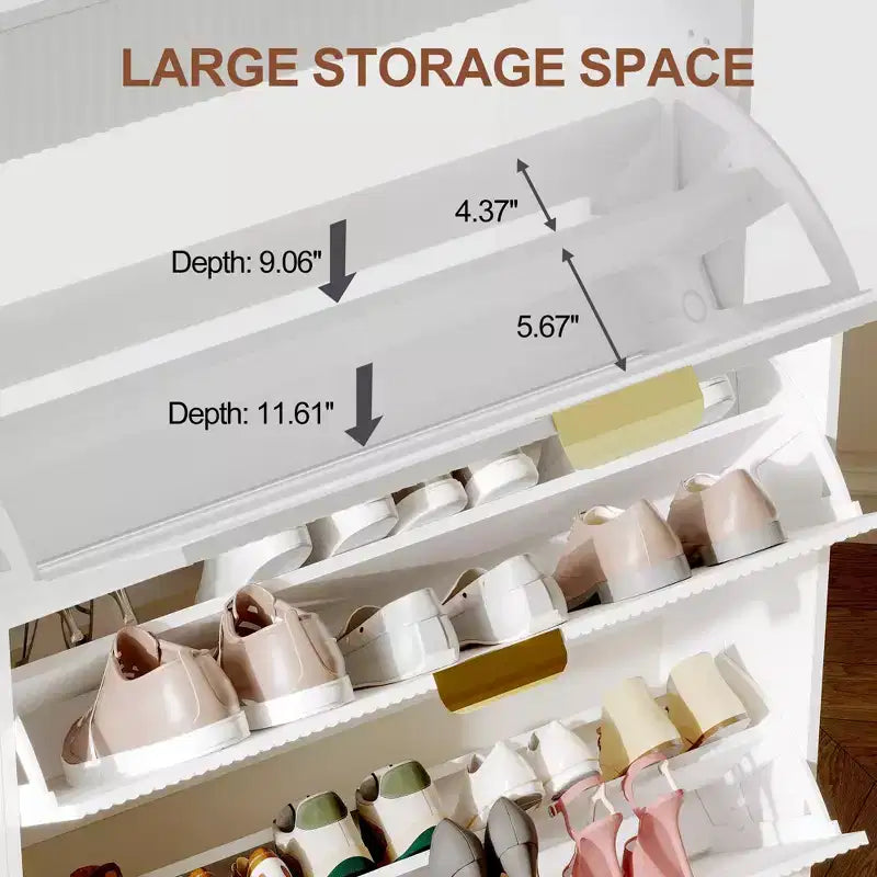 Modern White Shoe Cabinet with 3 Flip Drawers & 2 Small Drawers & Hook, Slim Fluted Shoe Storage Organizer, Narrow Entryway Cabinet