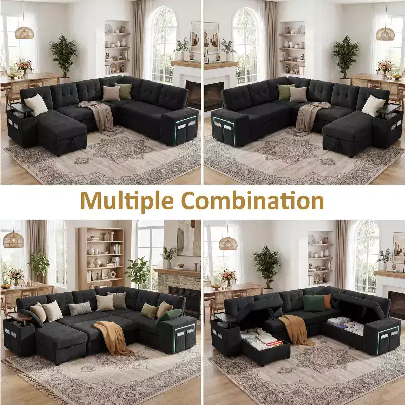 Dyonery 112 Canapé modulaire convertible avec lit gigogne, canapé d'angle en U avec rangement, canapés extra larges et profonds pour salon