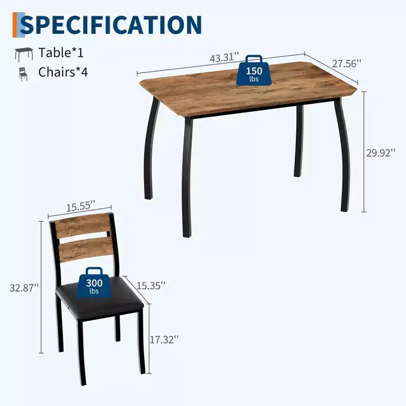 5 Piece Metal Frame Kitchen Table and Chair Set, with Chamfer Design