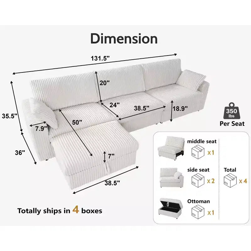 Canapé d'angle modulaire en velours côtelé Dyonery avec housses lavables