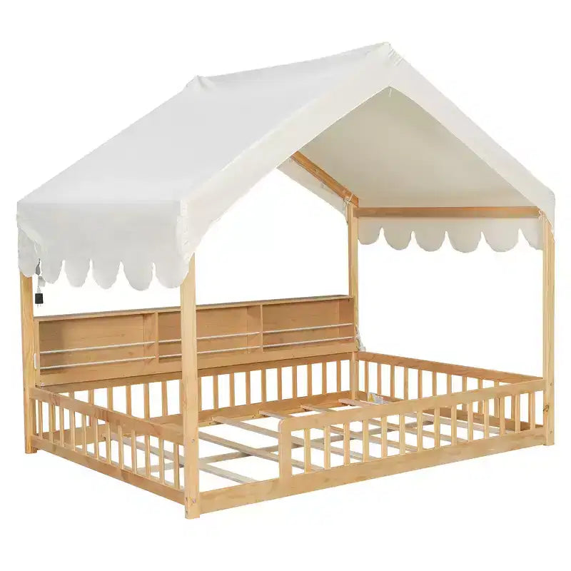 Whisen Full Size Wooden Floor Bed Frame, House-Shaped Daybed with Fense, 3 Storage Bookshelves, Curtain