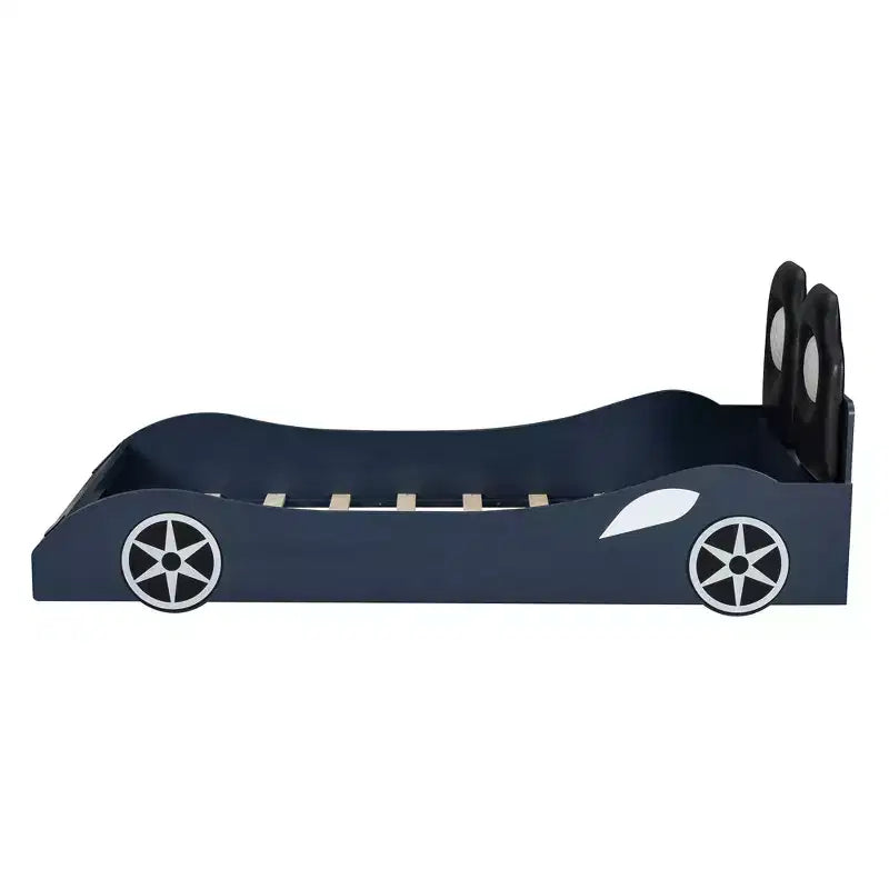 Whisen Wood Twin Size Race Car-Shaped Platform Bed with LED and Upholstered Backrest