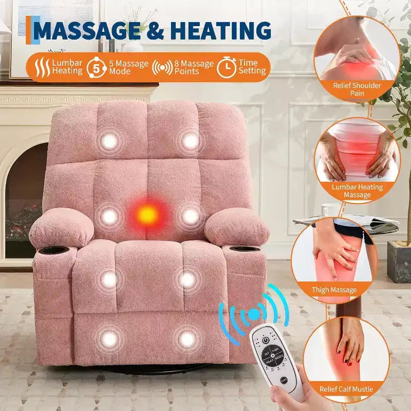 Oversized Recliner Chair for Adults, Manual Swivel Rocker Sofa, Side Pockets & Cup Holders for Big and Tall Persons, Living Room